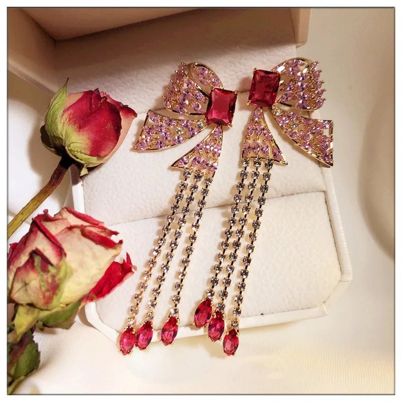 S925 Needles Drop Earrings For Women Vintage Pink Butterfly Tassels Long Cubic Zirconia Eardrop Temperament Fine Jewelry