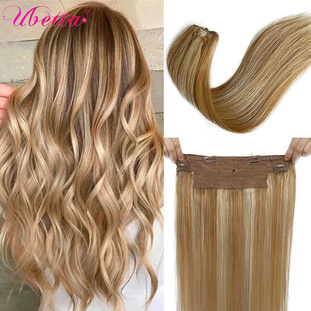 

Straight Clip in Hair Extension Real Human Hair Fish Line Clip Extension 20 inches Heat Resistant Human Hair 4 Clips one Piece