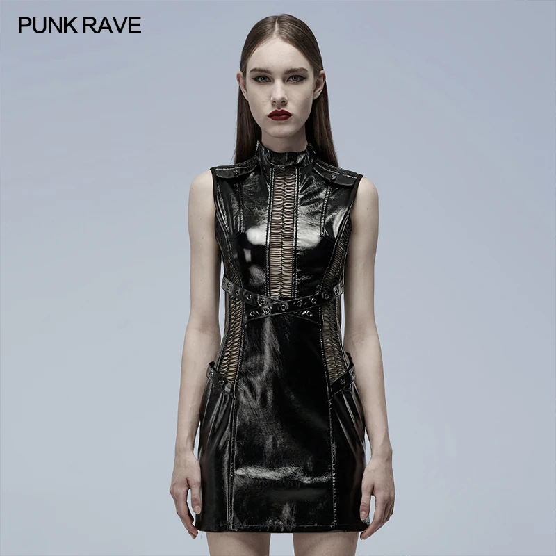 

Punk Rave Gothic High-quality Sexy elastic Patent Leather Hollowed Out Dress WQ560