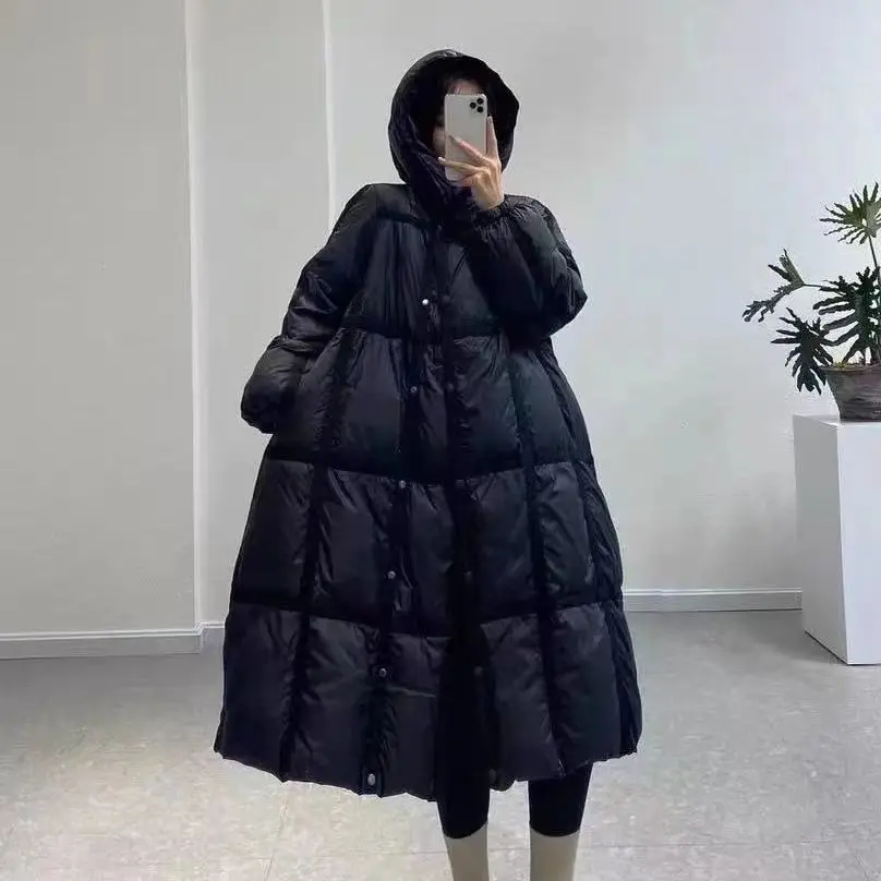 Large size webbing long down jacket for women 2021 winter white duck down thickened loose hooded jacket for cold weather