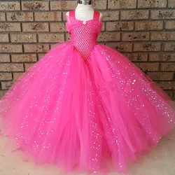 Hot Girls Pink Glitter Tutu Dress Kids Crochet Sparkle Tulle Dress Long Ball Gown Children Birthday Party Costume Princess Dress