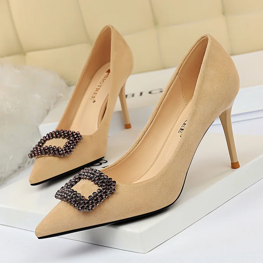 Rhinestone Heels Yellow Shoes Bigtree Shoes Extreme High Heels Stiletto Pointed Top Evening Shoes Black Heels Big Size 43 Buty