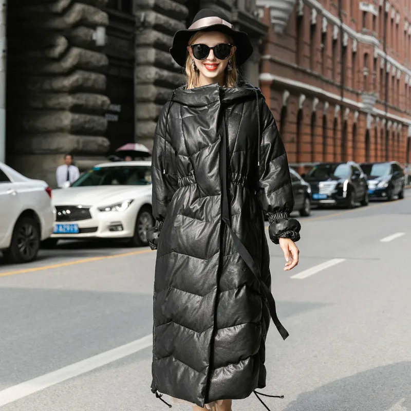 Leather Jacket Sheepskin Duck Down Winter Coat Women Hooded Long Jaccket for Womens Clothing SMY7316R Chaqueta Mujer YY810