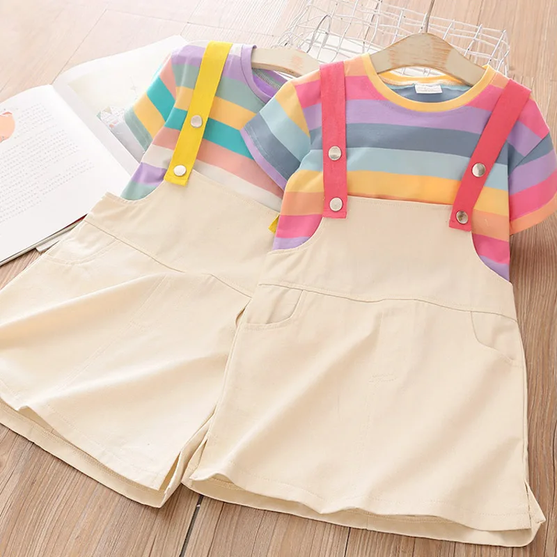 2024 Summer New 2 3 4 6 8 10 12 Years Baby Cotton Dress overalls+Short Sleeve Stripe T-shirt 2 Pcs School Kids Girl Clothing Set