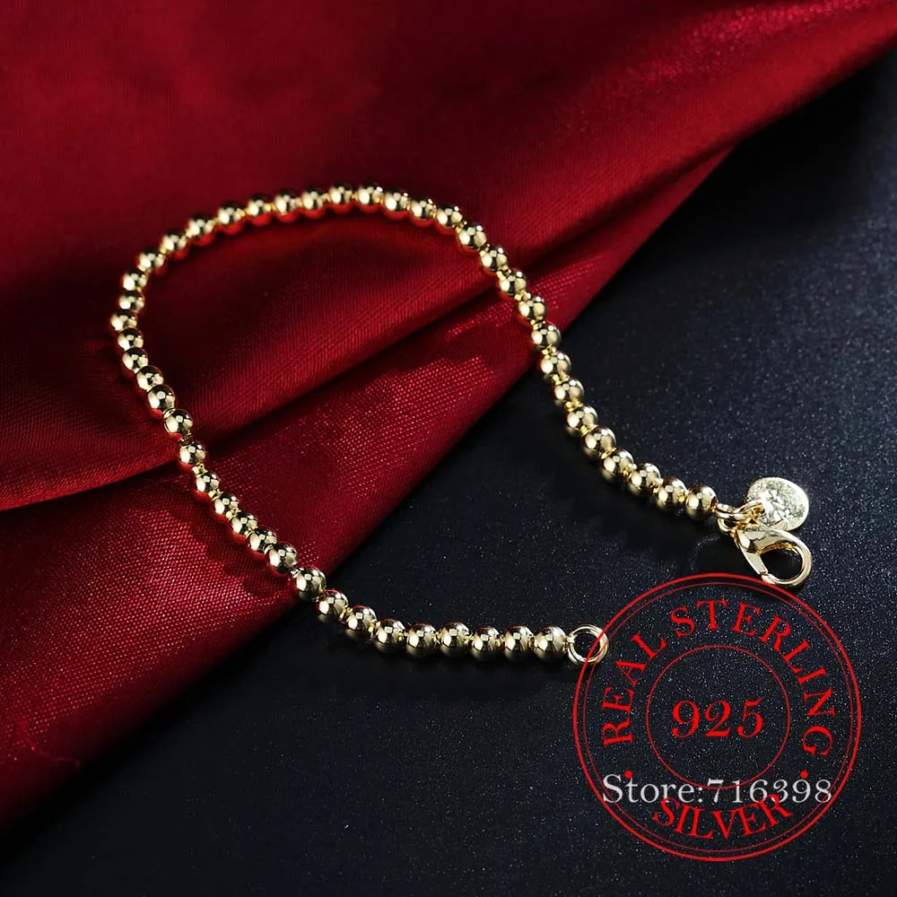 100% prawdziwe 925 srebro bransoletka dla kobiet mężczyzn Homme 4MM koraliki łańcuszek kulkowy bransoletki bransoletki klasyczne Pulsera De Mujer — zdjęcie 7