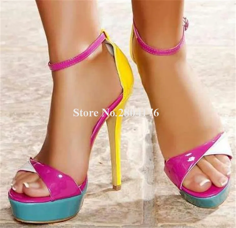 

Newest Women Open Toe Patchwork High Platform Stiletto Heel Sandals Mixed-colors Ankle Strap High Heel Sandals Club Shoes