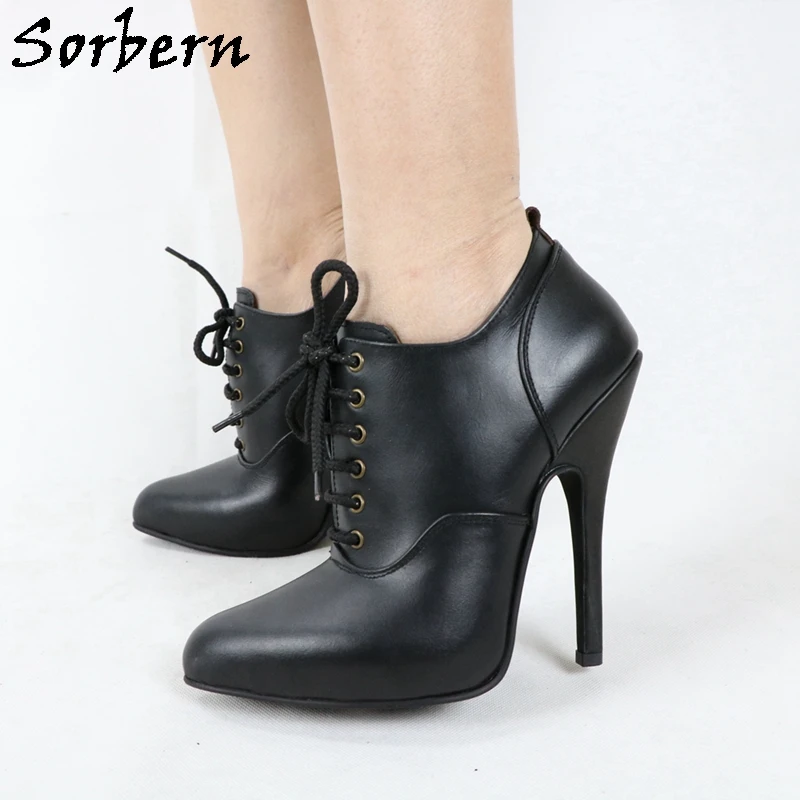 Sorbern Genuine Leather Women Pump Black Matt Lace Up Shoe Ladies 14Cm Stilettos High Heel Platform Shoes Pump Multi Colors