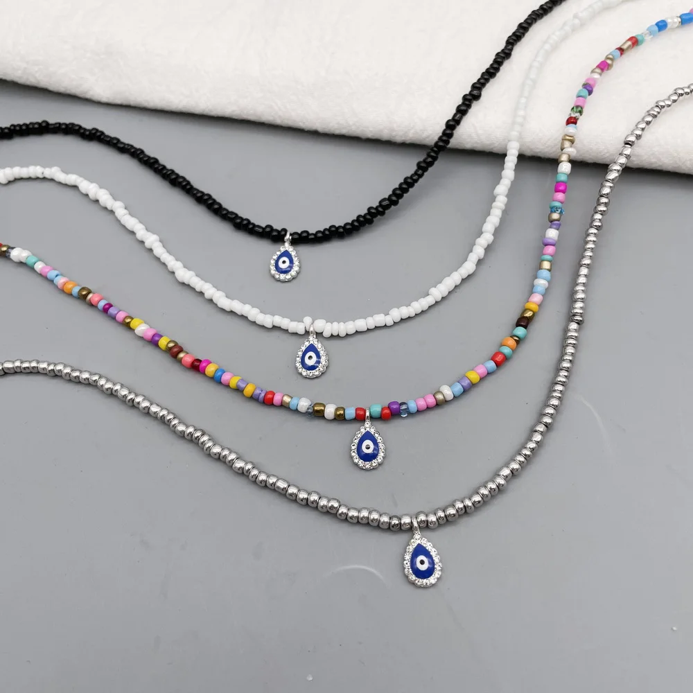 Evil Eye Pendant Necklace For Women Girls 2021 Simple Seed Beads Rainbow Female Choker Pendant Necklace For Party Gift Accessory