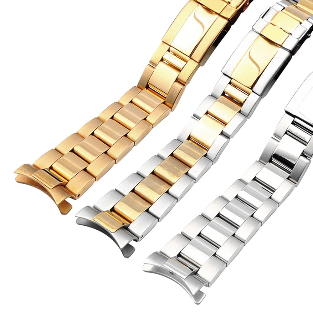 17 20mm 316L Stainless Steel Two Tone Gold Silver Watch Band Strap Old Style Oyster Bracelet Hollow Curved End Watch band