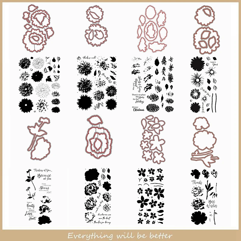 Mix Flowers Leaves Branch Letter Words Sentence Alphabet Metal Cutting Dies Match Clear Silicone Stamps Template Make Cards New