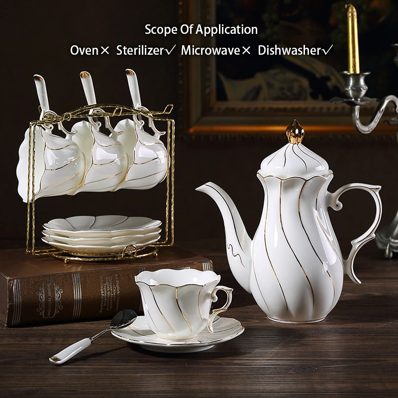 Gold Inlay Bone China Koffie Set Europa Porselein Thee Set Keramische Pot Creamer Suiker Kom Theepot Koffie Kopje Thee Mok coffeeware