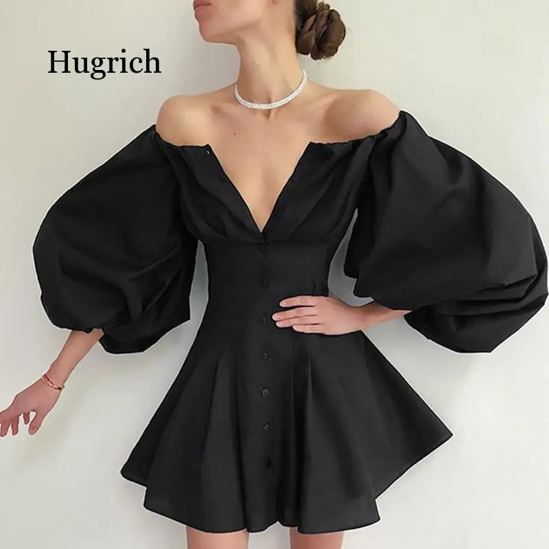 Elegant High Waist Fit and Flare Women Dress 2020 White Short Dress Dresses Black Latern Sleeve Button