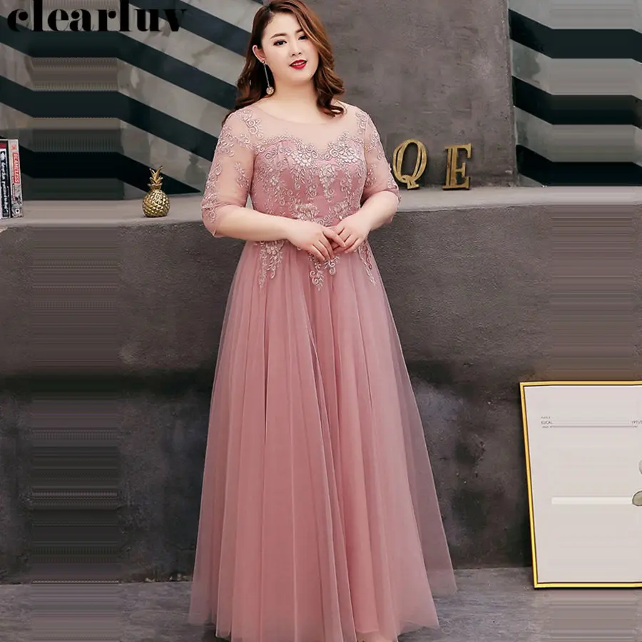 Evening Dresses Bean paste O-neck Floor Length  Robe De Soiree Short Sleeve Women Party Dresses 2019 Plus Size Formal Gowns T086