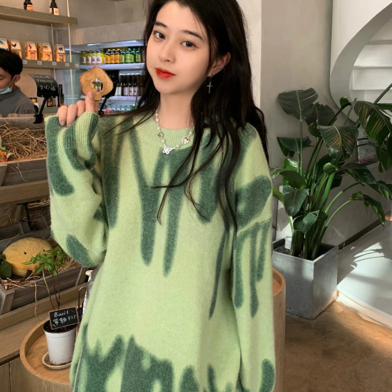 Oversized Pullovers Women Sweater Elegant Green Striped Print Winter Long Sweaters Streetwear Ladies Jumper Warm Outerwear 2022