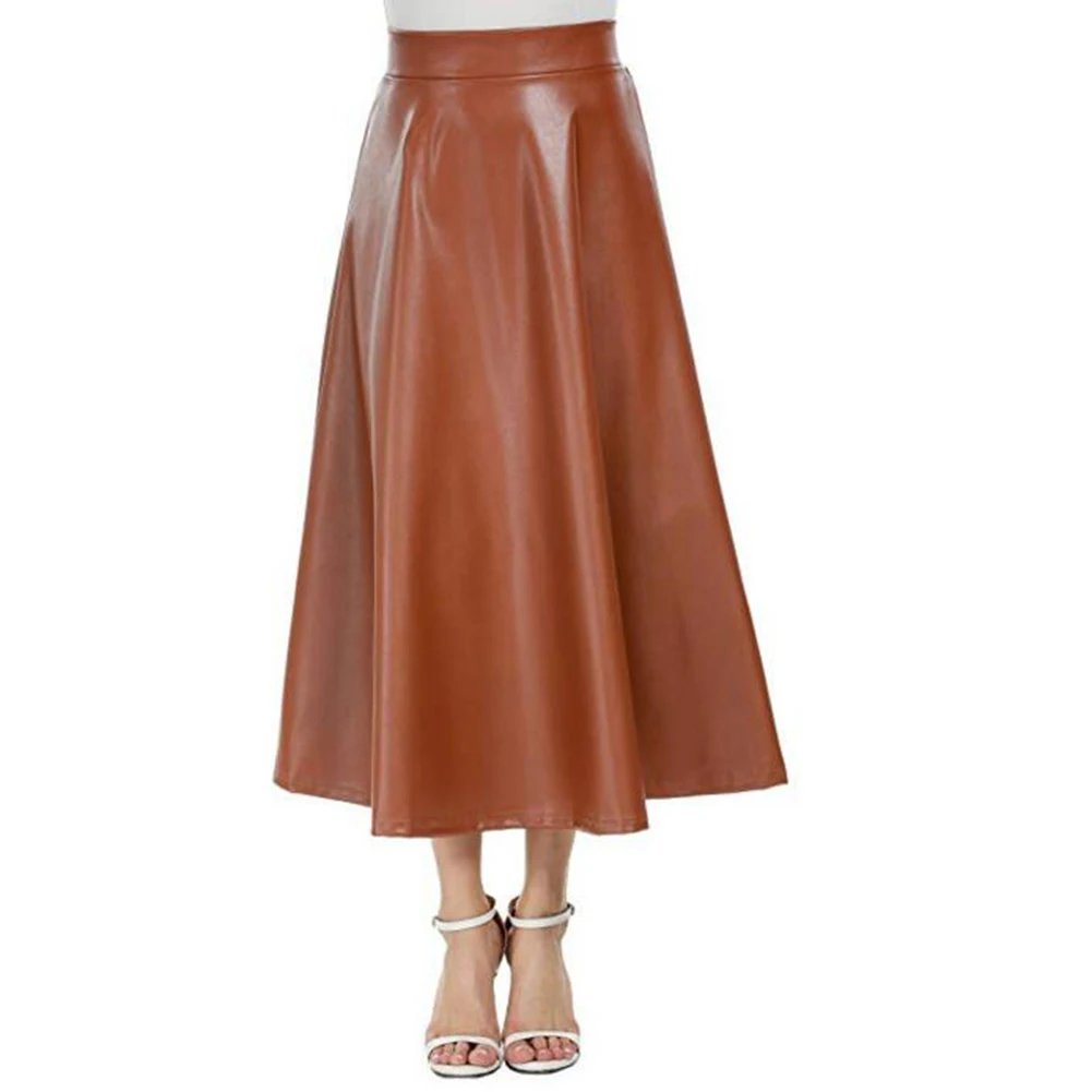 Women Faux Leather Skirt High Waist Zipper Pleated  A-Line Large Swing Flare Long Skirt 2022 Winter Vintage Latex Skirt Clubwear