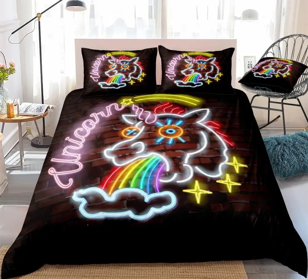 3 Pcs Luminous Unicorn Bedding Set Star Rainbow Duvet Cover Colorful Quilt Cover Neon Light Cartoon Bed Set for Kids Girls Boys