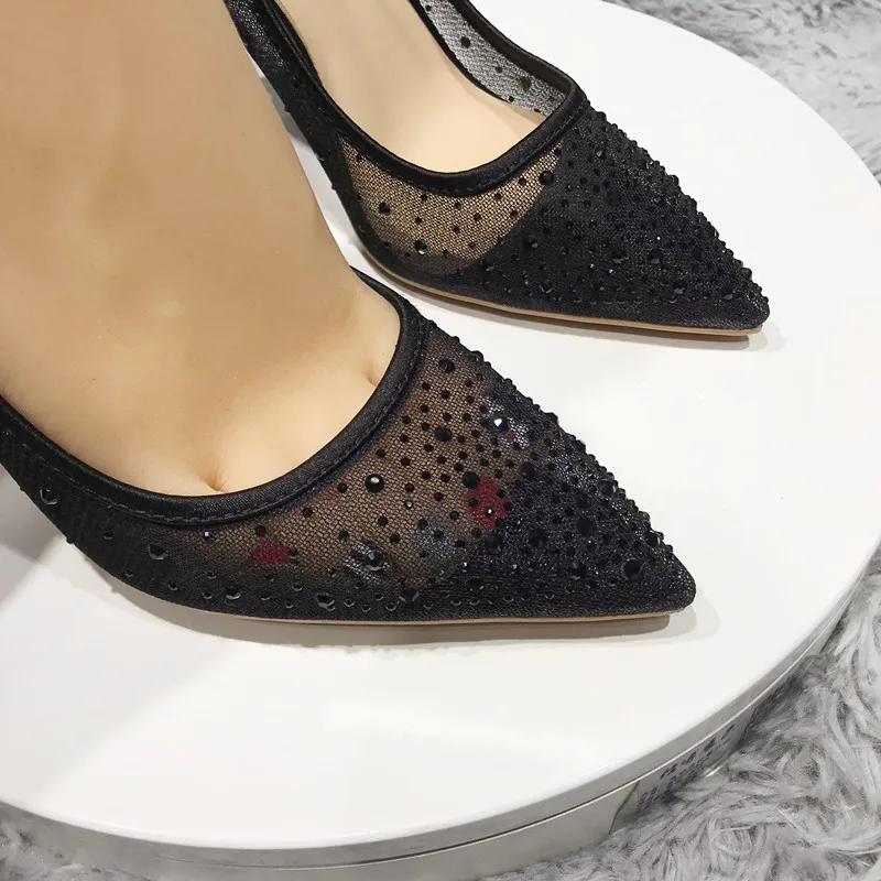 Tikicup Rhinestones Women Patchwork Black Satin Gauze Pointy Toe High Heel Party Shoes 8cm 10cm 12cm Elegant Stiletto Pumps