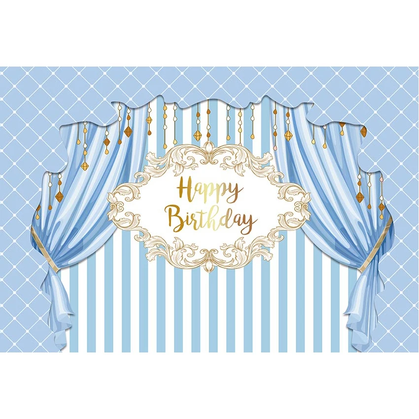 

Newborn Baby Happy Birthday Backdrop Customized Texts White Blue Stripes Printed Curtains Kids Children Party Photo Background