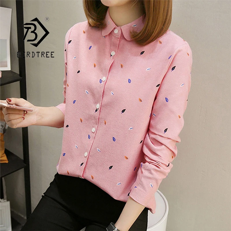 Spring Women Leaf Print Oxford Fabric Cotton Shirts Full Sleeve Turn-Down Collar Female Office Lady Work Wear Casual Tops T1O901