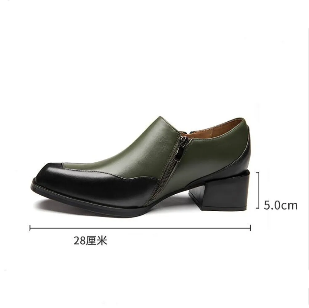 Mens Business Formal Wear Retro Square Head Leather Shoes Korean Fashion Contrast Stitching Zipper Leather Shoes