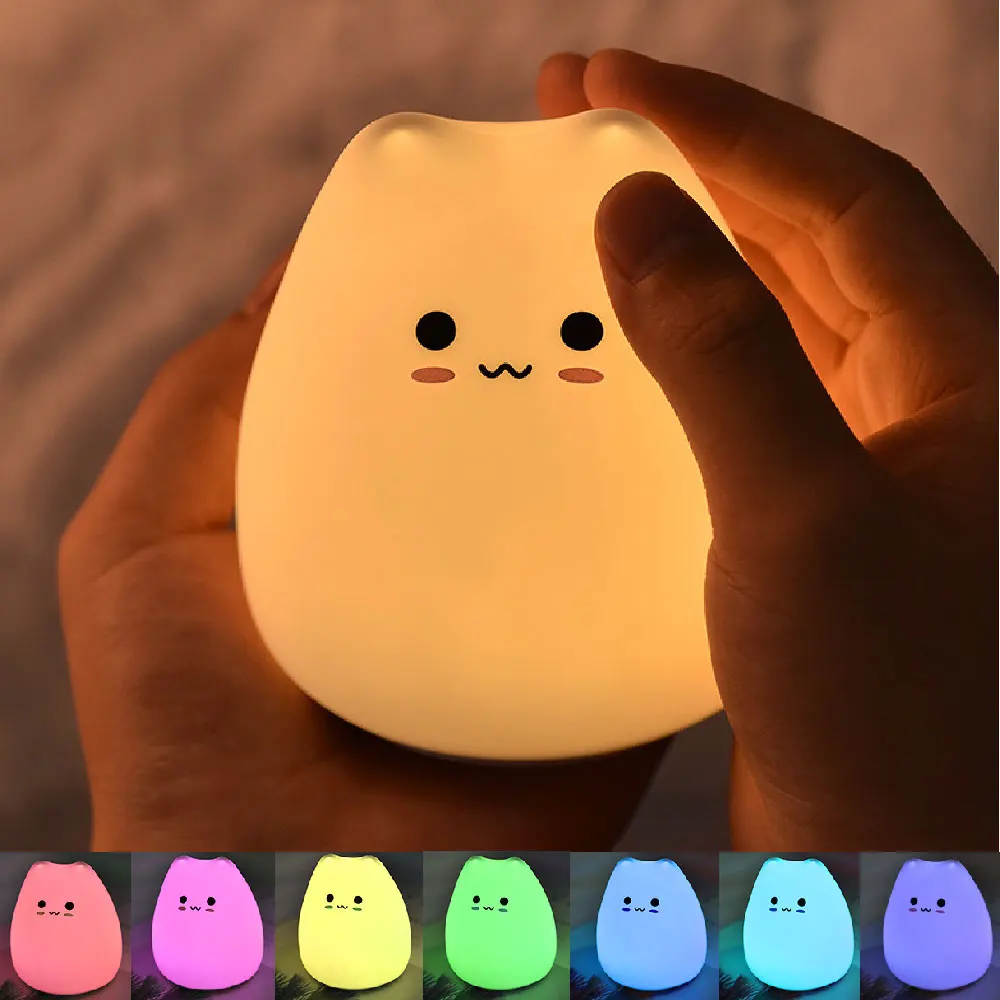 Lampe de chevet en Silicone, chat mignon, avec capteur tactile, alimenté par batterie, 7 couleurs, décoration de Table changeante, cadeau pour