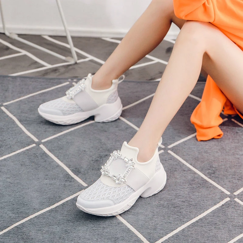 Mesh Designer Trainers Sneakers 2021 Platform Crystal Buckle Thick Bottom Chunky Women\'s Sneakers Vulcanized Casual Shoes