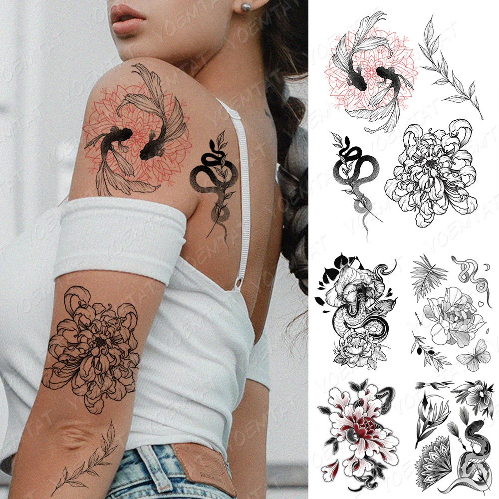 

Waterproof Temporary Tattoo Sticker Dark Goldfish Chrysanthemum Flash Tattoos Old School Body Art Arm Fake Tatoo Women Men