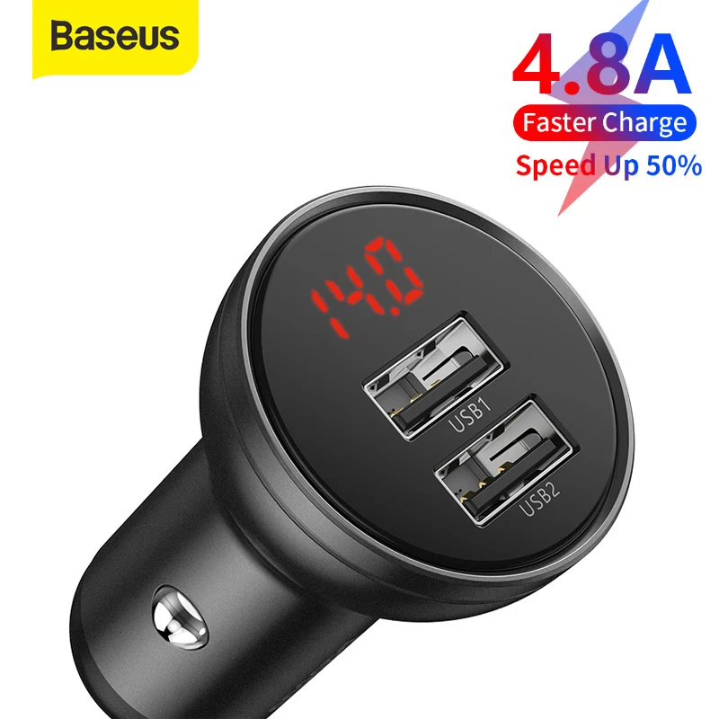 

Baseus 24W Fast Charging Dual USB Car Charger With All Metal Digital Display 4.8A Car Cigarette Lighter For iPhone Xiaomi Huawei