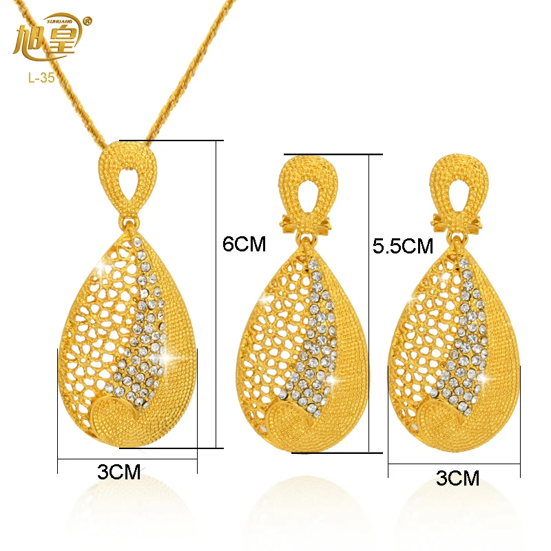 XUHUANG Dubai New Necklace Jewellery Sets Hollow Hanging Earrings Gold Color Big Dangle Earrings For Women Nigerian Jewelry Gift