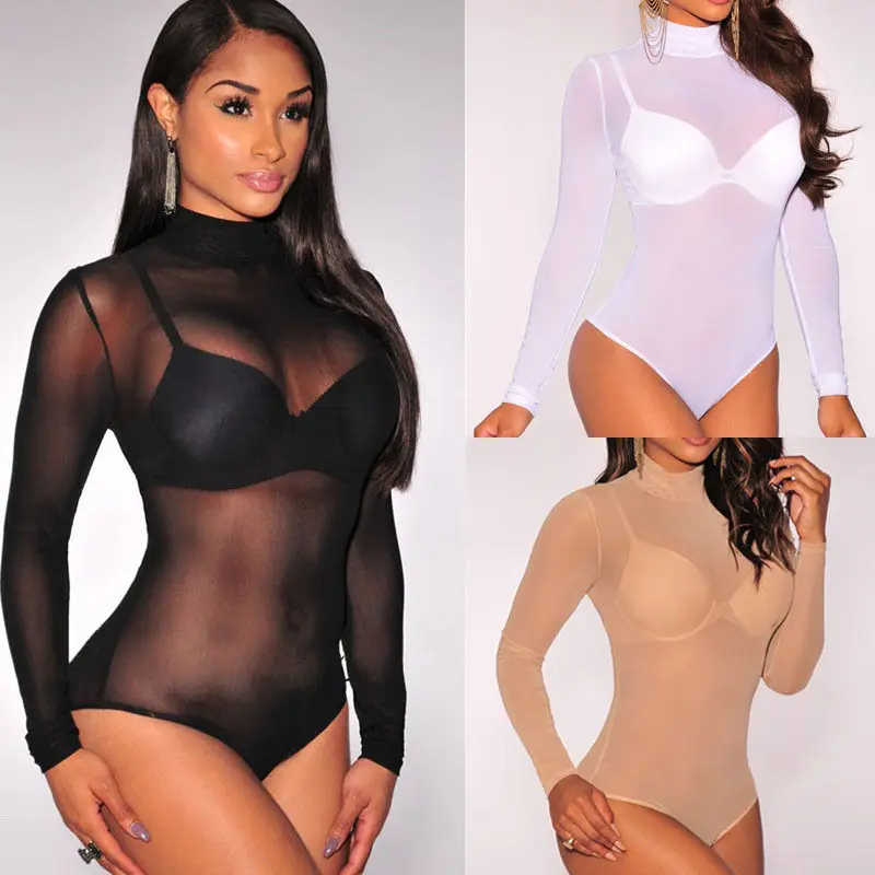 New One Piece Sheer Leotard Transparent Sexy Mesh Bodysuit Long Sleeve Jumpsuit Women\'s One-piece Erotic Clothing