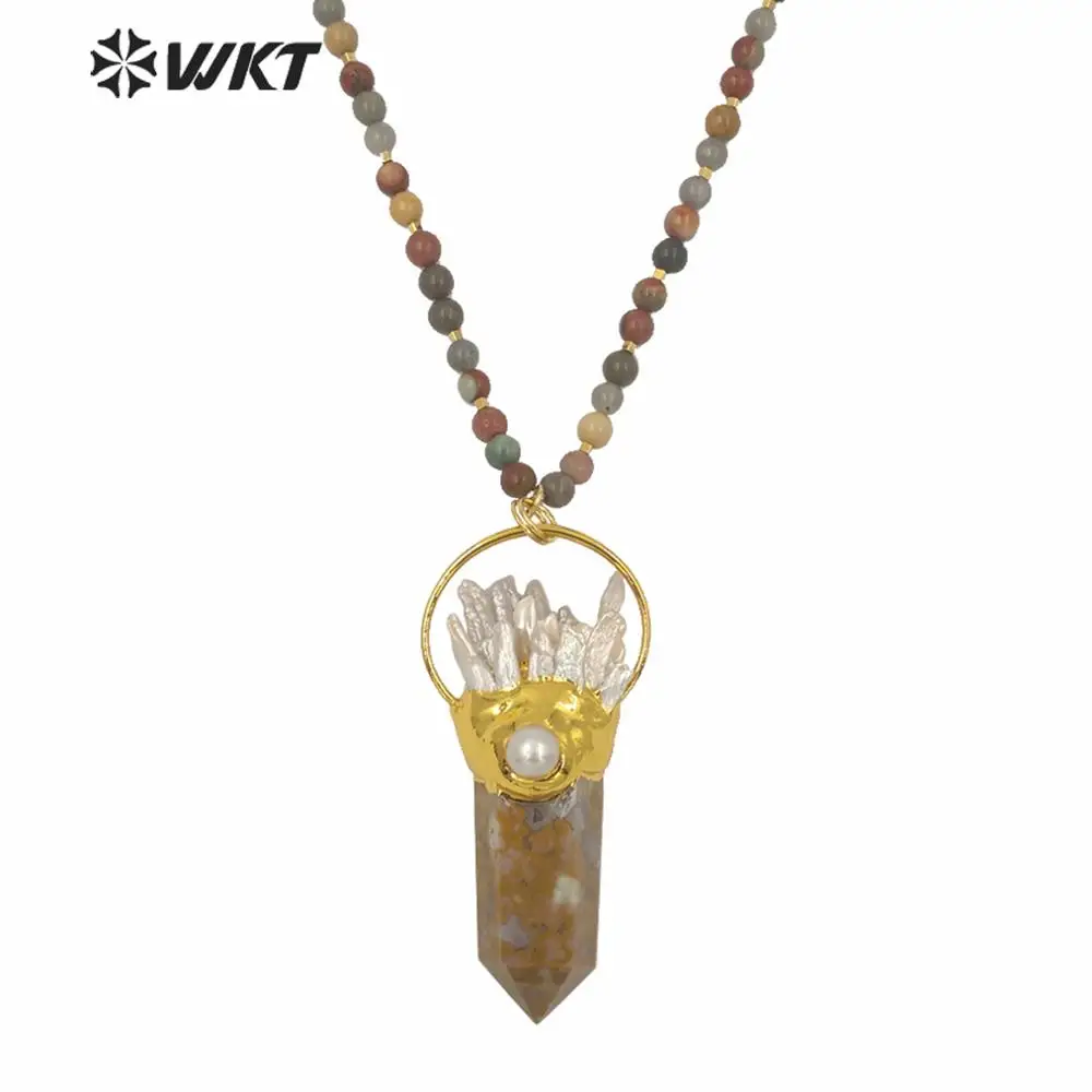 WT-N1241 WKT newest winter design long natural stone beads chain with big chunky stone point necklace vintage spirit necklace