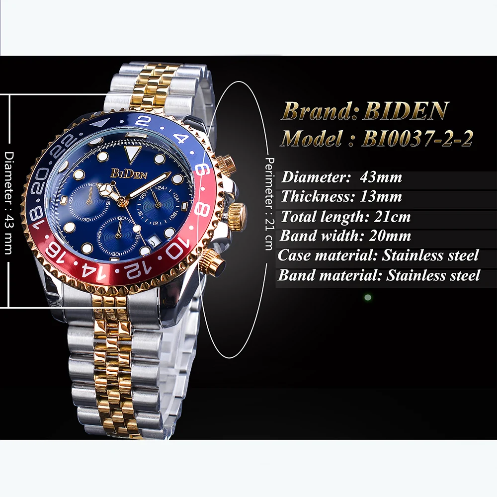 BIDEN Bule Red Men Quartz Watch Stainless Steel Waterproof Miliatry Sport Chronograph Wrist Watch Top Brand Luxury Date Clock