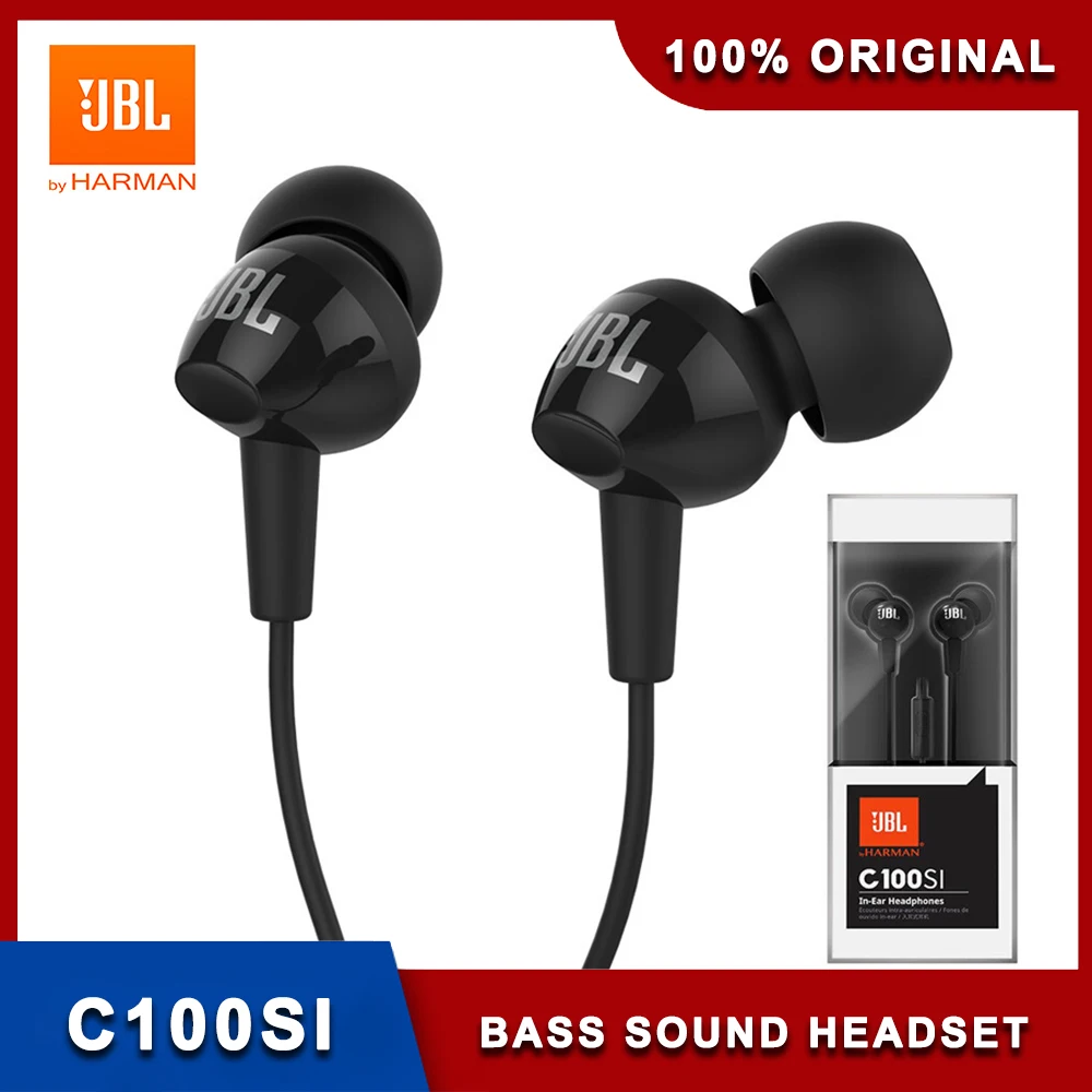 JBL C100Si Original 3.5mm Wired Stereo Earphones Deep Bass Music Sports Headset Running Earphone Hands-free Call with Microphone