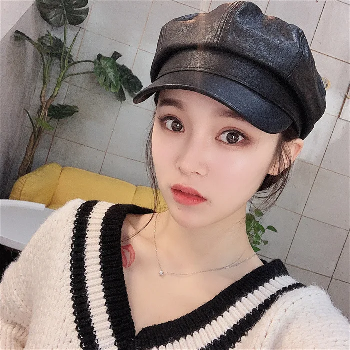 Women Leather Beret with Brim Octagonal Beret Cap Hat Gatsby  Peaked French Painter Hats Autumn and Winter Street Style