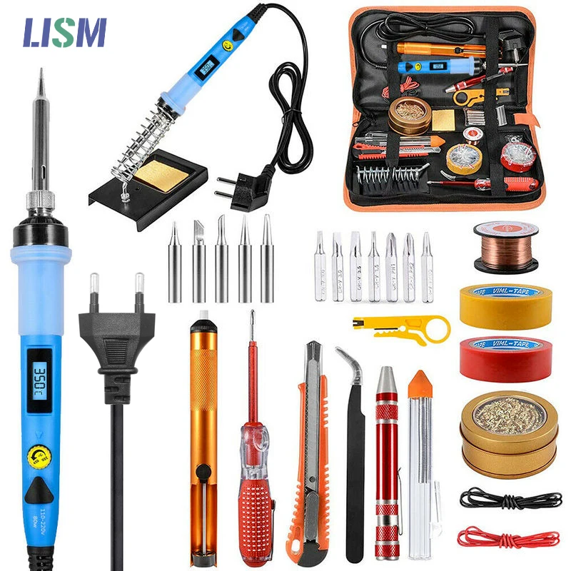 80W Soldering iron kit adjustable temperature 110V/220V LCD solder welding tools Ceramic heater soldering tips Desoldering Pump