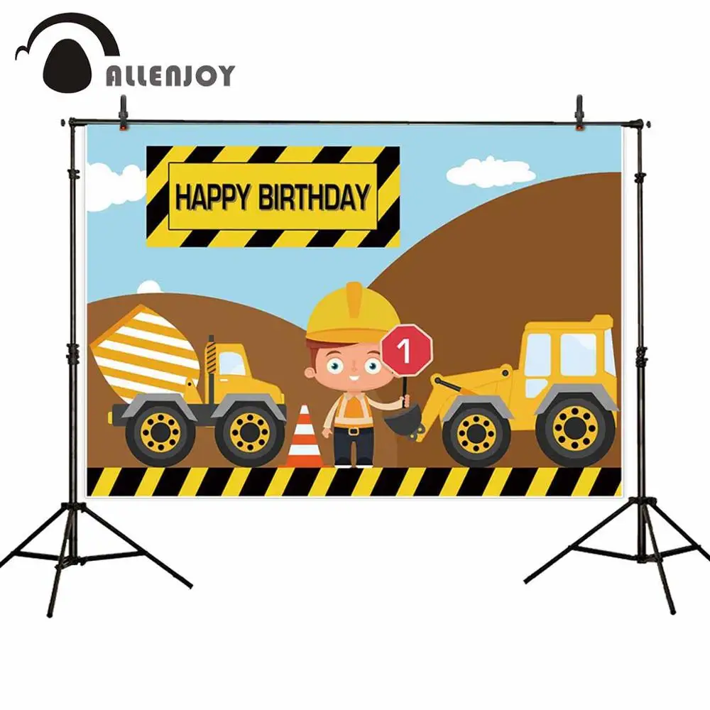 Allenjoy construction party backdrop boy doll happy birthday dump truck Digger customize background photocall photophone Decor