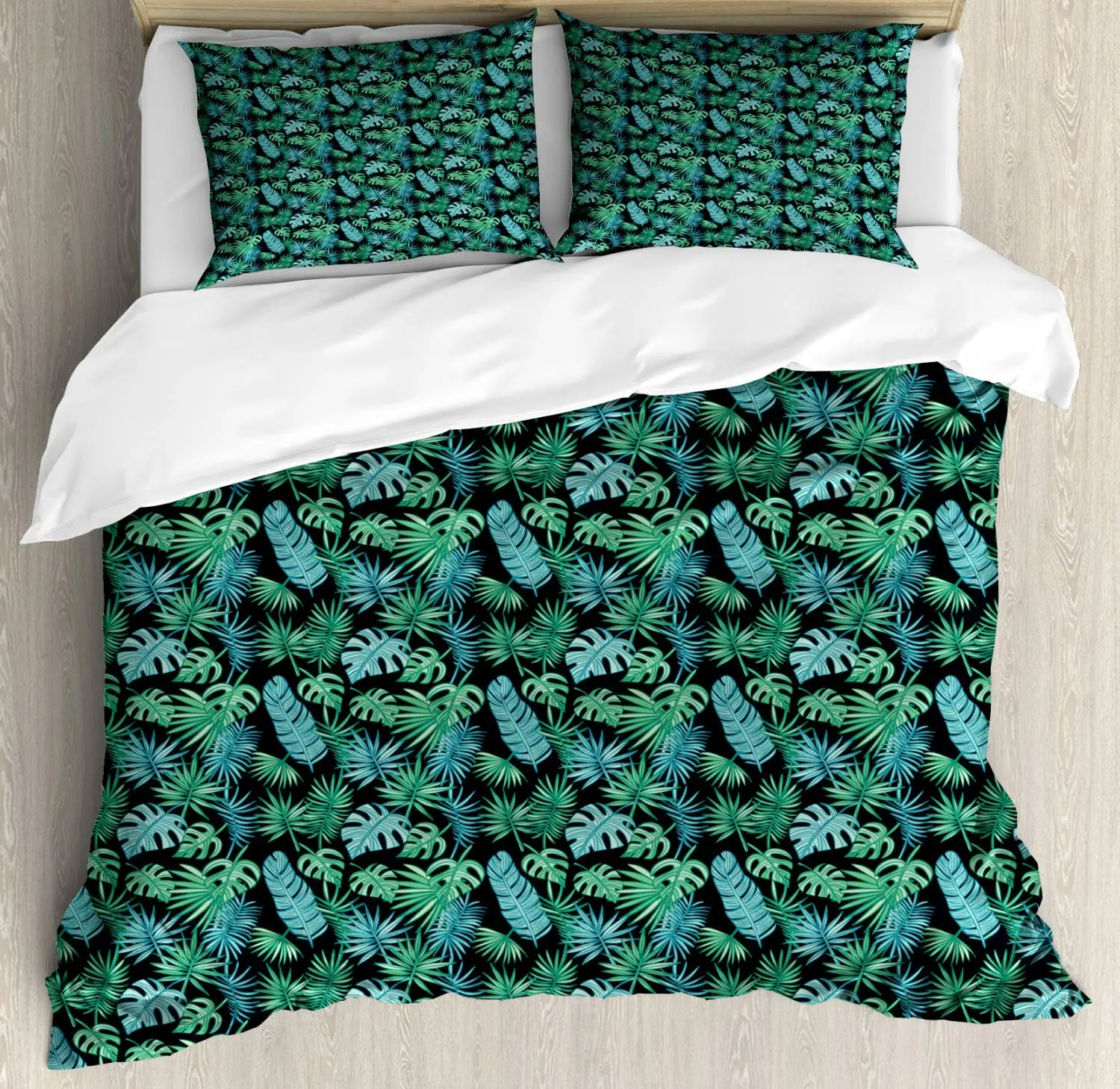 Tropical Duvet Cover Set Exotic Leaves Hawaiian Plantation 3 Piece Bedding Set Charcoal Grey Shamrock Green Pale Petrol Blue