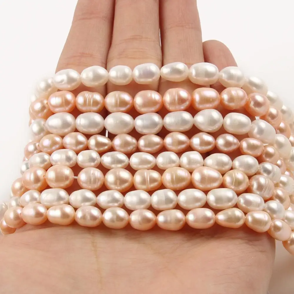 Natural Freshwater Pearl Beads Pink&White Rice Shape Punch Loose Beads for DIY Elegant Necklace Bracelet Jewelry Making 6-8MM