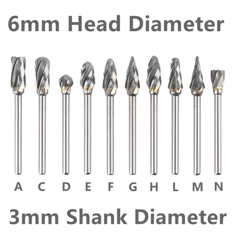 Carbide Rotary File Burr For Grinding Wood Aluminum Milling Cutter 3mm Shank 6mm Coarse Teeth Tungsten 10PCS/Set