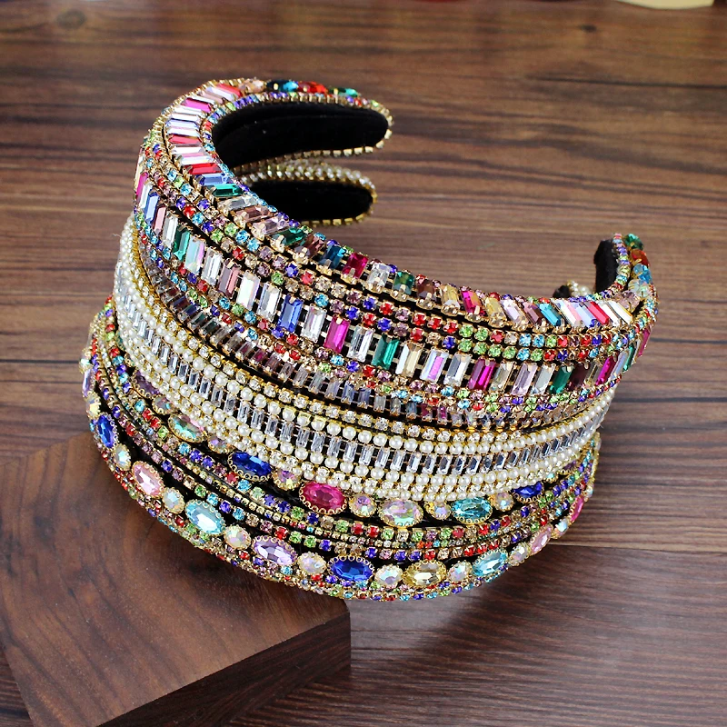 Handmade Luxury Full Colorful Crystal Hairbands Pearl Women Hair Jewelry Baroque Padded Headbands For Girls Princess Tiara