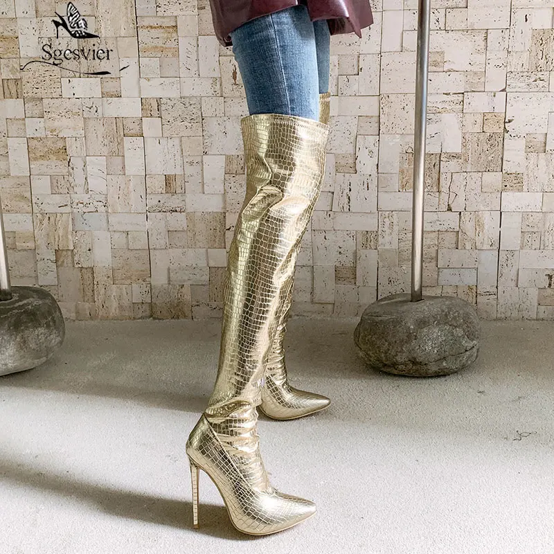 Sgesvier New Plus Size 30-48 Sexy Super High Heel Over The Knee Boots Women Silver Gold Nightclub Party Pole Dance Evening Shoes