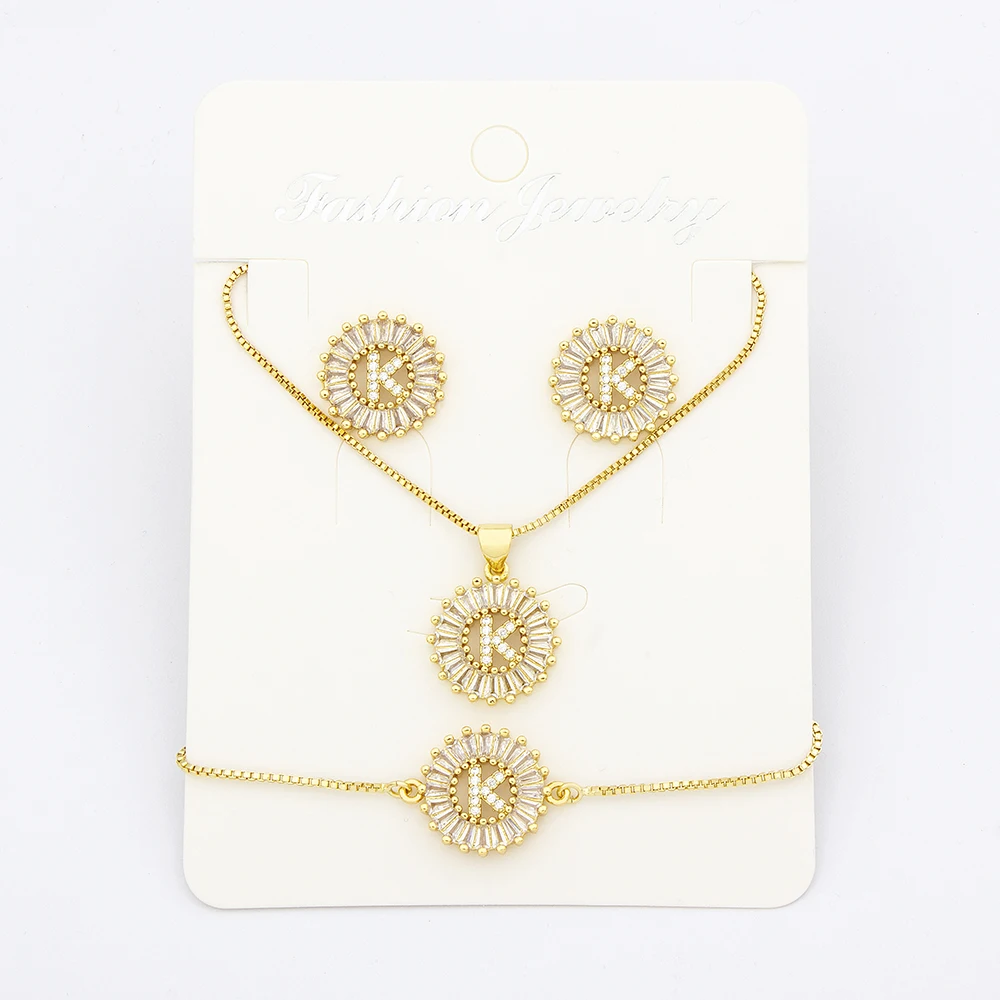 Nidin Hot 26 Letters Jewelry Sets Necklace+Earrings+Bracelet For Women Initial Alphabet Charm Copper Zircon Party Wedding Gift