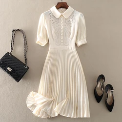 Vintage Embroidered Pleated Dress Women 2024 Summer Chic Sweet Short Sleeve Midi Party Dress Elegant Slim Waist A-Line Dresses