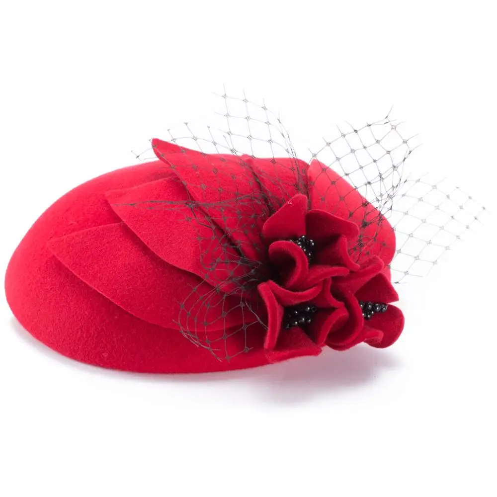 Vintage Pure Wool Fedora Cap Women  Netting Floral  Headwear Elegant Ladies Pillbox Hat With Veil A044