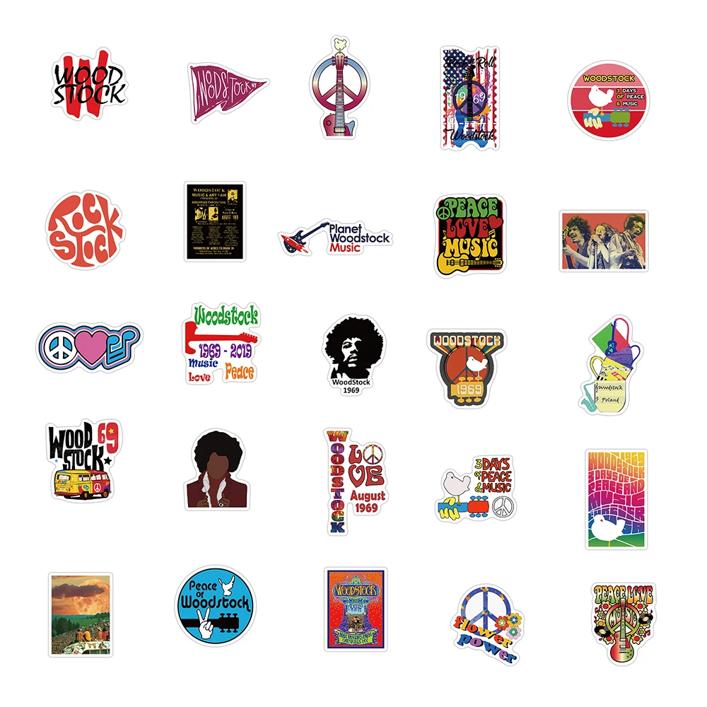 10/30/50PCS Woodstock Music Festival Stickers Laptop Guitar Luggage Skateboard Waterproof Cool Sticker Decal Kid Classic Toys