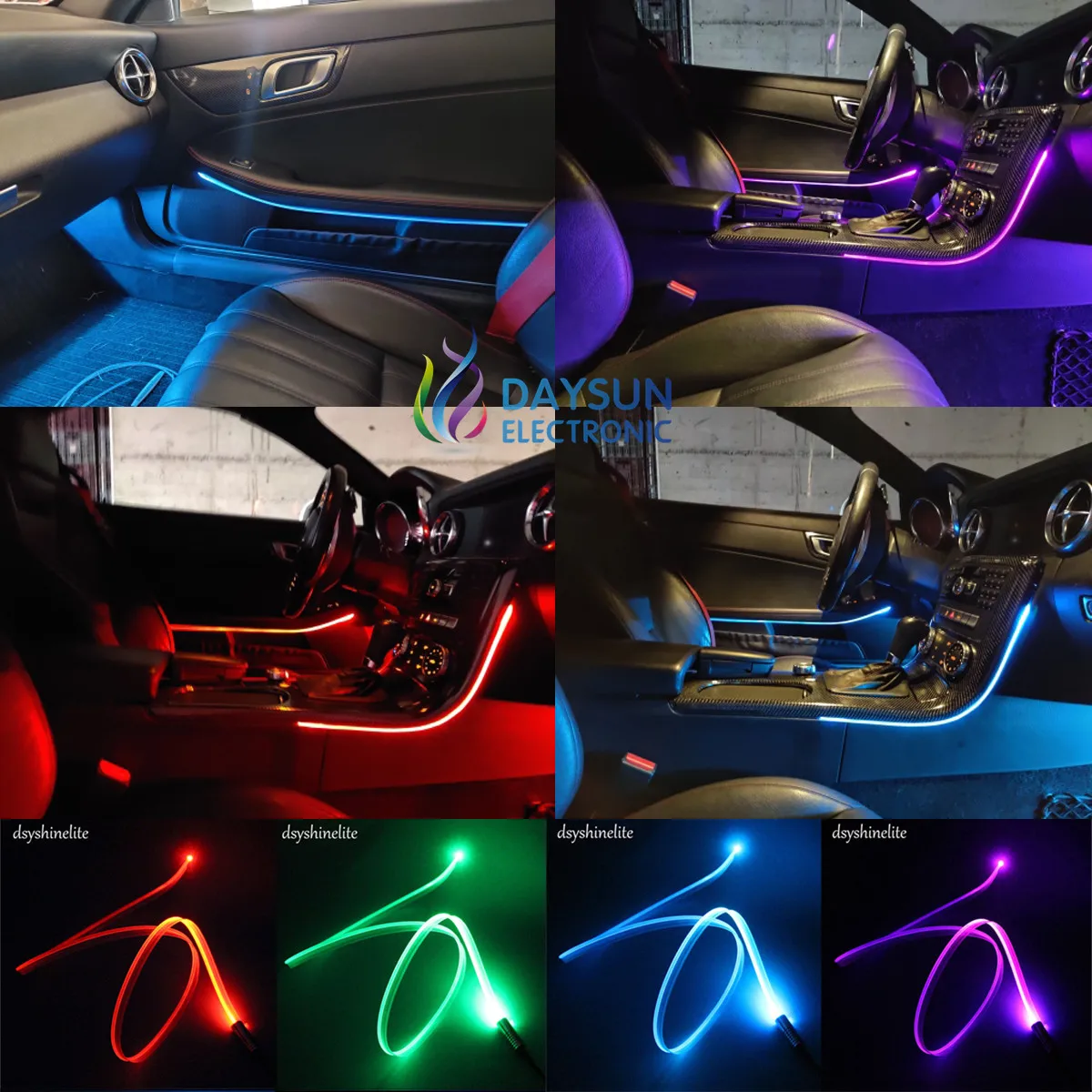 Free Ship Led Fiber Light Car Atmosphere Optic Fiber Cable Light DC12V 2W Lighting Wires Complete Set 9 Colors RGB 1M-6M Cable