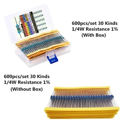 600PCS/LOT 1/4W Metal Film Resistor Kit 1% Resistor Assorted Kit Set 10 -1M Ohm hm Resistance Pack 30 Values each 20pcs