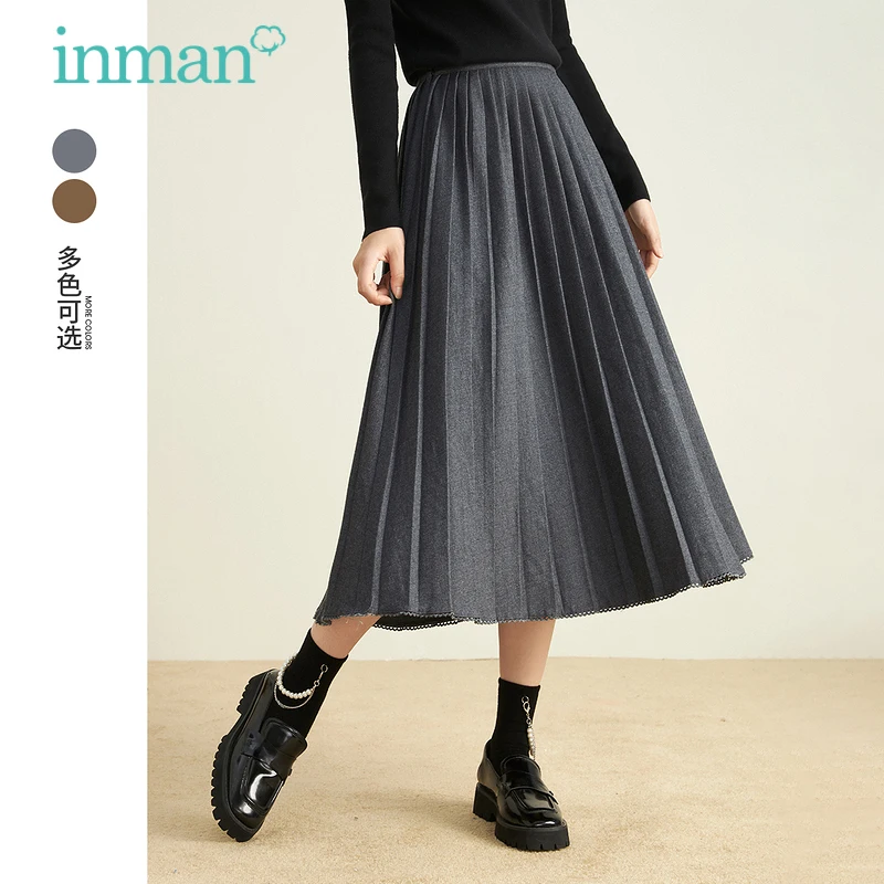 

INMAN Women's Skirt Spring Autumn Minimal Pleated Solid A-Line High Waist Pleated Skirt Female Elegant Lady Warm Korean Fashion