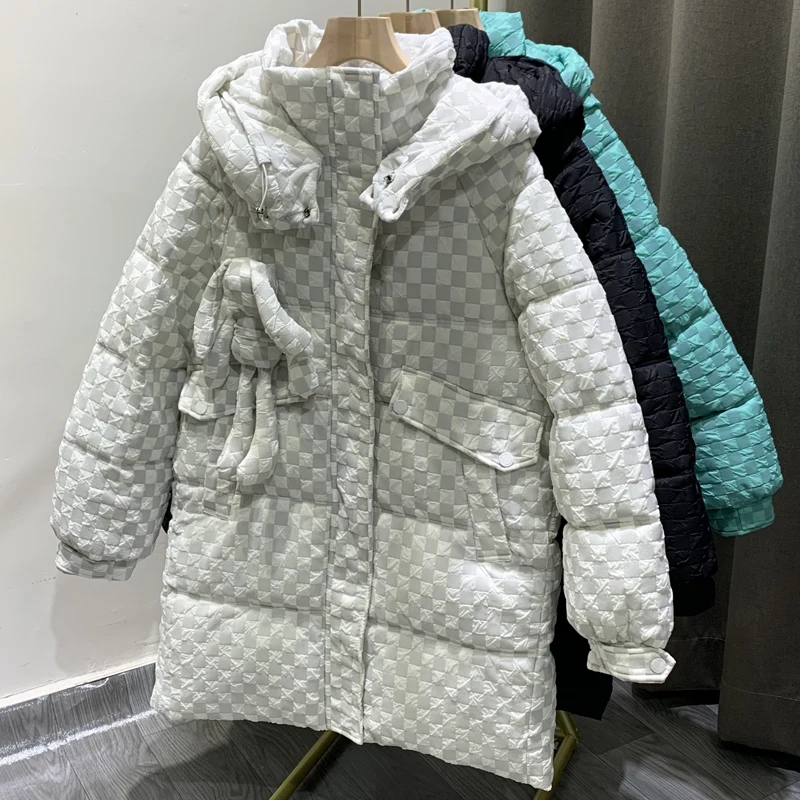 2021 inverno jaqueta feminina longo parkas boneca decorar moda xadrez com capuz para baixo jaquetas grosso quente de alta qualidade algodão casaco feminino