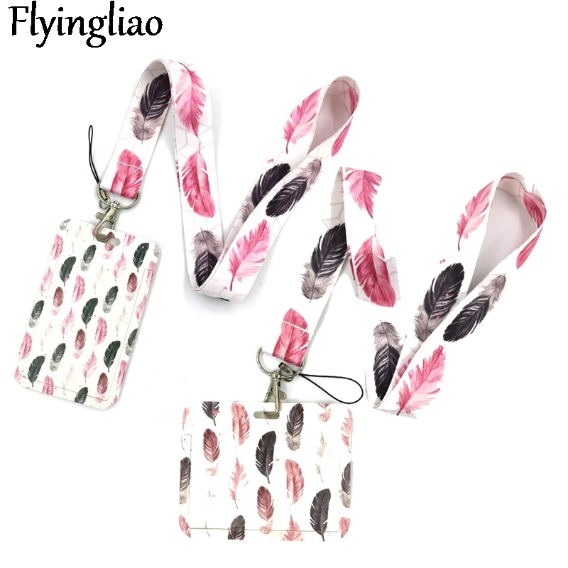 Black Pink Leaves Feathers Lanyard Keys Phone Holder Funny Neck Strap With Keyring ID Card DIY Animal webbings ribbons Hang Rope